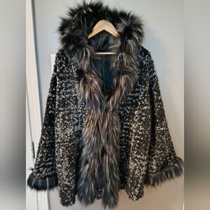 Made In Italy Wool Blend Black + White Faux Fur Trimmed Hooded Sweater Coat XL